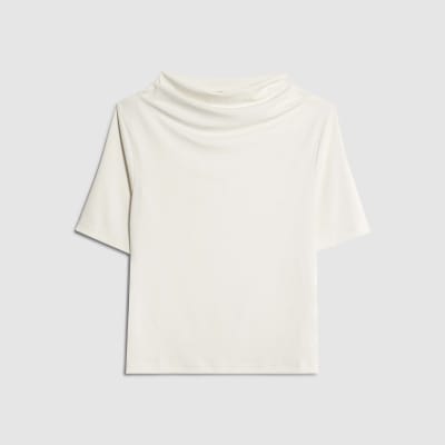 Cream Short Sleeve High Neck Drape Top