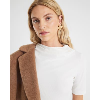 Cream Short Sleeve High Neck Drape Top