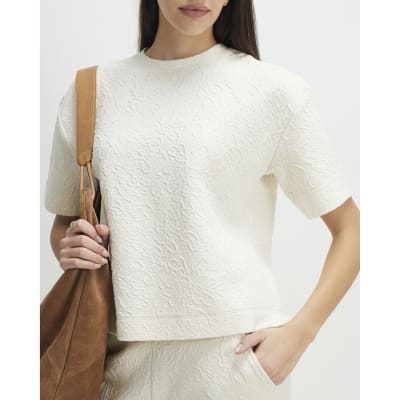 Cream Short Sleeve Jacquard Texture T-Shirt