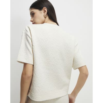 Cream Short Sleeve Jacquard Texture T-Shirt