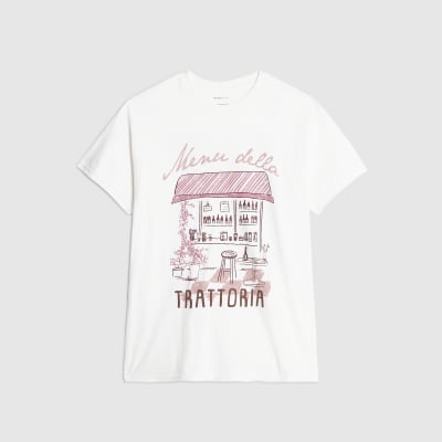 Cream Short Sleeve Restaurant Print T-shirt