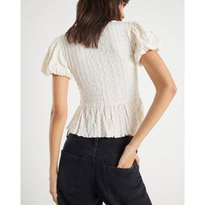 Cream Short Sleeve Textured Bow Top