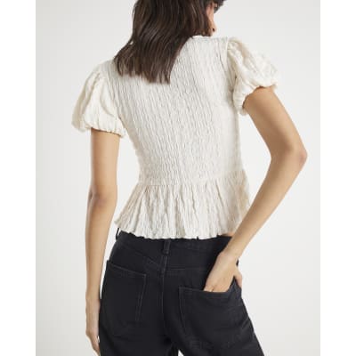 Cream Short Sleeve Textured Bow Top