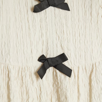 Cream Short Sleeve Textured Bow Top