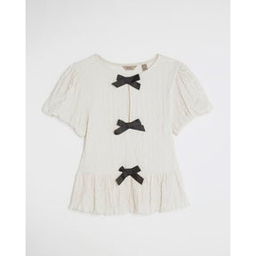Cream Short Sleeve Textured Bow Top
