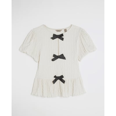 Cream Short Sleeve Textured Bow Top