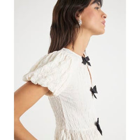 Cream Short Sleeve Textured Bow Top