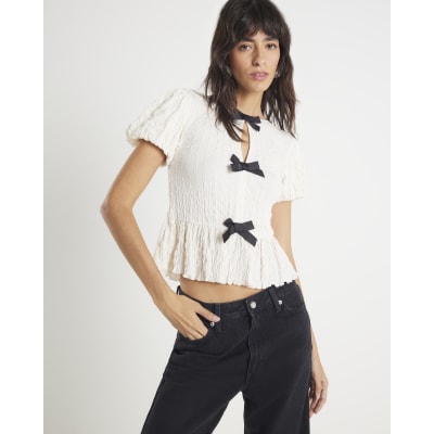 Cream Short Sleeve Textured Bow Top