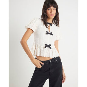 Cream Short Sleeve Textured Bow Top