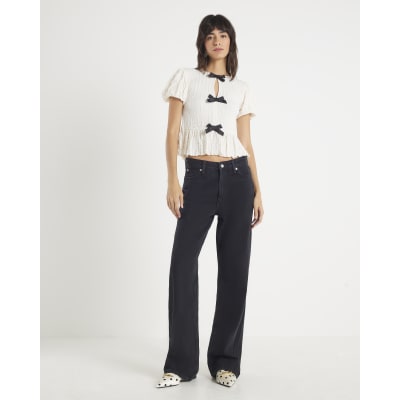 Cream Short Sleeve Textured Bow Top