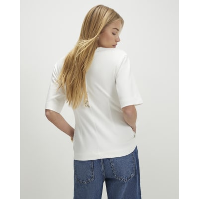 Cream Short Sleeve Tie Back Seamed Top