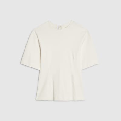 Cream Short Sleeve Tie Back Seamed Top
