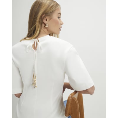Cream Short Sleeve Tie Back Seamed Top