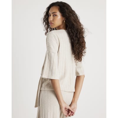 Cream Short Sleeve Wide Ribbed Knot Side Top