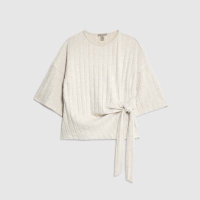 Cream Short Sleeve Wide Ribbed Knot Side Top
