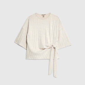 Cream Short Sleeve Wide Ribbed Knot Side Top