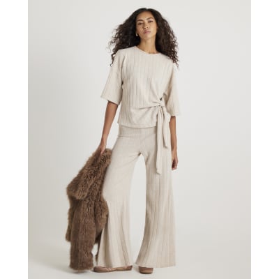 Cream Short Sleeve Wide Ribbed Knot Side Top