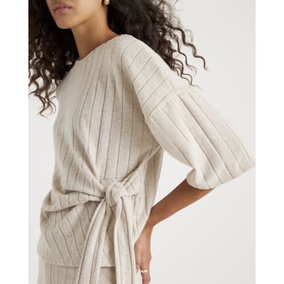 Cream Short Sleeve Wide Ribbed Knot Side Top