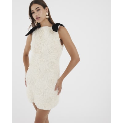 Cream Sleeveless 3D Rose Floral Mini Dress