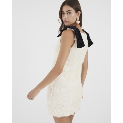 Cream Sleeveless 3D Rose Floral Mini Dress