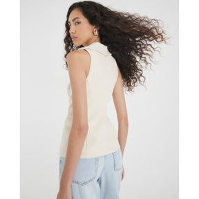 Cream Sleeveless Collared Elastic Waistcoat