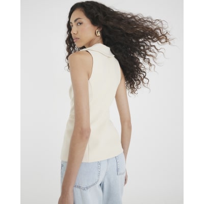 Cream Sleeveless Collared Elastic Waistcoat