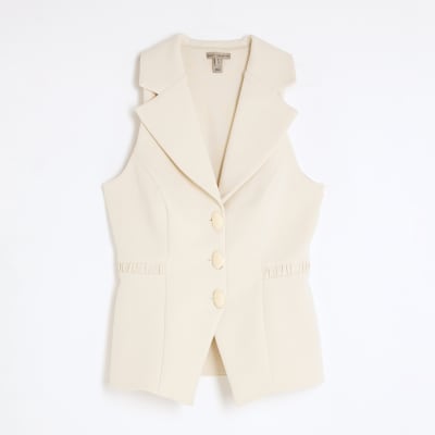 Cream Sleeveless Collared Elastic Waistcoat