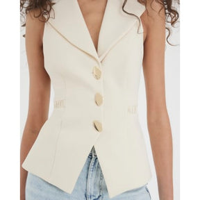 Cream Sleeveless Collared Elastic Waistcoat