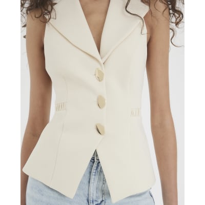 Cream Sleeveless Collared Elastic Waistcoat
