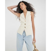 Cream Sleeveless Collared Elastic Waistcoat
