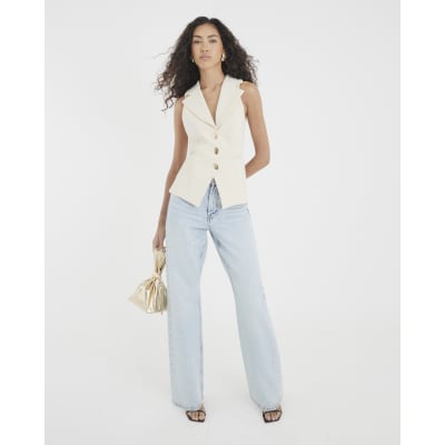 Cream Sleeveless Collared Elastic Waistcoat