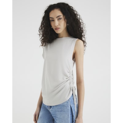Cream Sleeveless Ruched Drape T-shirt