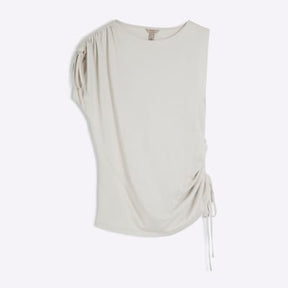 Cream Sleeveless Ruched Drape T-shirt