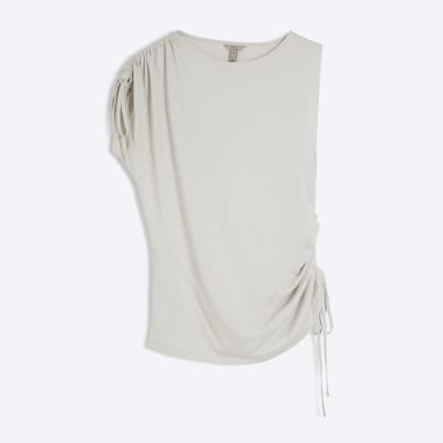Cream Sleeveless Ruched Drape T-shirt
