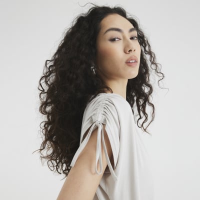 Cream Sleeveless Ruched Drape T-shirt