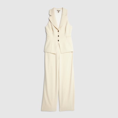 Cream Sleeveless Ruched Waist Jumpsuit
