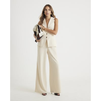 Cream Sleeveless Ruched Waist Jumpsuit