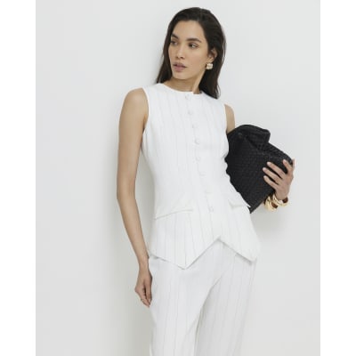 Cream Sleeveless Striped Longline Waistcoat