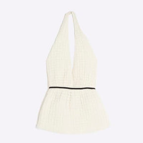 Cream Sleeveless Textured Halter Neck Top
