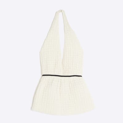 Cream Sleeveless Textured Halter Neck Top