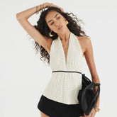 Cream Sleeveless Textured Halter Neck Top