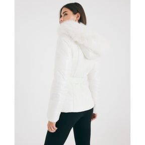 Cream Slim Faux Fur Hooded Padded Coat