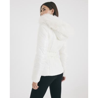 Cream Slim Faux Fur Hooded Padded Coat