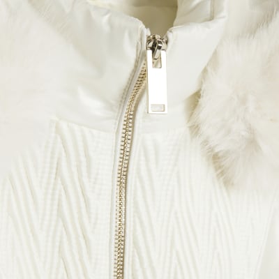Cream Slim Faux Fur Hooded Padded Coat