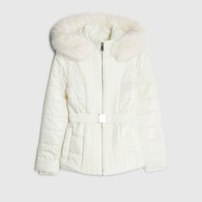 Cream Slim Faux Fur Hooded Padded Coat