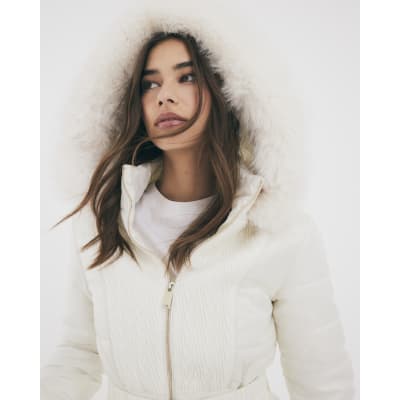 Cream Slim Faux Fur Hooded Padded Coat