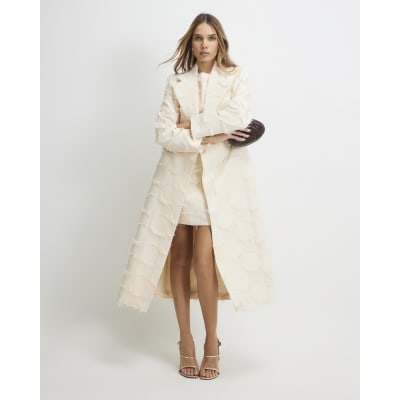 Cream Spot Fringe Longline Duster Coat