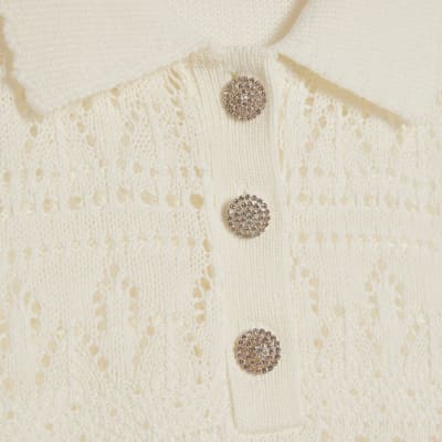 Cream Stitched Knit Polo Top