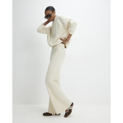 Cream Stretch Wide Leg Trousers
