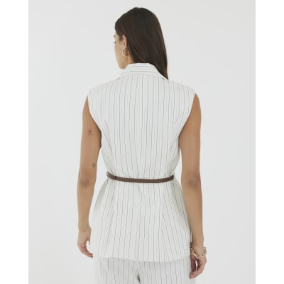 Cream Stripe Belted Sleeveless Waistcoat